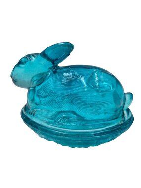 Vintage Blue Glass Bunny Rabbit Basket Weave Nest Covered Candy Dish Easter Read